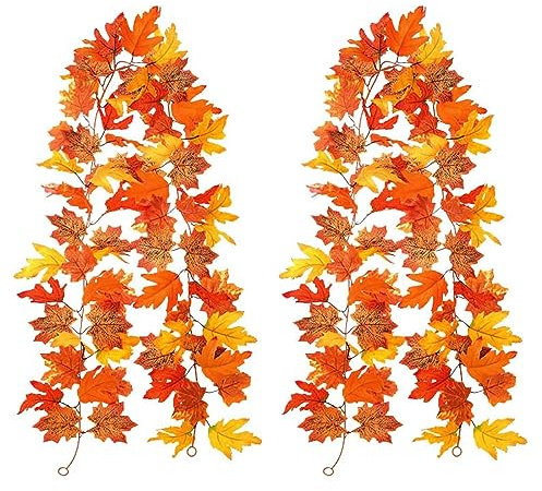 Dekoteller Kerzen 2er-Pack Herbstgirlande mit Ahornblatt-Hängerankengirlande, künstliche Herbstgirlande, Thanksgiving-Dekoration für Zuhause, Hochzeit, Party, Weihnachten Kleine (Orange, One Size)
