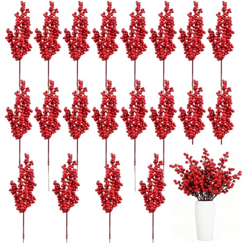 20 Stück Rote Beeren Deko Weihnachten, Stechpalmenbeeren Zweige Dekorationen für Weihnachten, Beerenzweig Künstlich Kunstblumen, Beerenzweig Weihnachtsdeko für Weihnachten, Winter Dekoration (B)