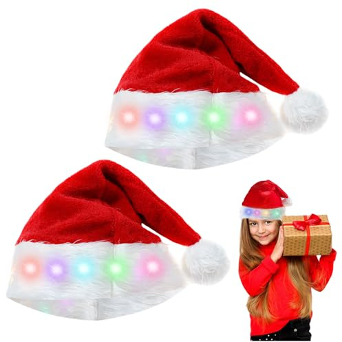 SPORWAY 2 Stück Weihnachtsmütze: Nikolausmütze mit LED Lichter, Erwachsene Weihnachtsmütze Santa Mütze, Nikolaus Mütze Plüsch Weihnachten Mützen für Neujahr Festliche Weihnachtsfeier