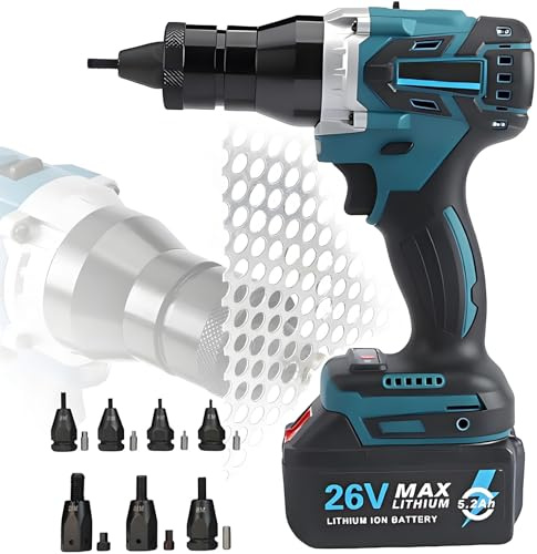 LYAYYDS Outil de sertissage d'écrous sans Fil, Pistolet à Rivets à Batterie 26 V 5 200 mAh – Pas Besoin de compresseur d'air, livré avec mandrins M3, M4, M5, M6, M8, M10, M12 2x5200mah