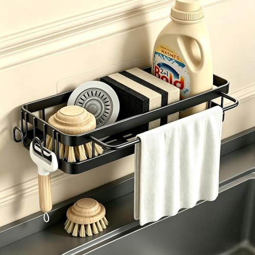 Koolkasa Spülbecken Organizer Küche Schwammhalter - Küchen Spüle Organizer mit Spültuchhalter und Zwei Haken，Metalle Hängender Kitchen Badezimmer Organizer- Ohne Bohren (Schwarz)