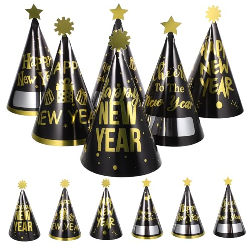 GARIOUANS 12 Stück Teiliges Year Party Schwarze und Goldene Kegelpapierhüte mit Neujahrsdesign und Glückwünschen Leichte Silvester Partyhüte als Lustige Deko und Fotorequisiten für