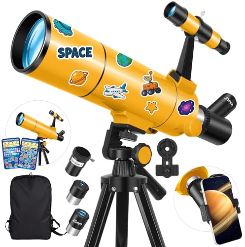 HUGERSTAR Telescopio Astronomico Professionale per Adulti e Bambini, 80/500mm Telescopio Rifrattore per Principianti (20X-150X) Portatile da Viaggio con Treppiede, Adattatore Telefono, Zaino e Adesivi