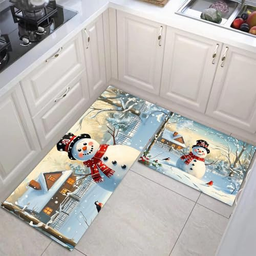 MULERN Küchenteppich Läufer 2 Stück, Weihnachten Landschaft Winter Schneemann rutschfest Waschbar Küchenläufer, Anti-Müdigkeit Küchenmatte, Weich Teppich für Küche Flur Blau Weiß, 40x60cm+40x120cm