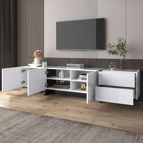 VIVCA Mobile TV, pannello lowboard con gambe colorate in bianco lucido e nero, con ante e cassetti, ante con ripiani. Design semplice a linea.