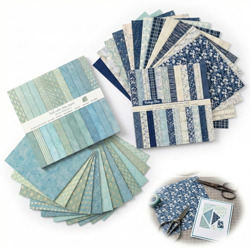 Katyjun 48 Stück 15x15cm Scrapbook Papier Beidseitig Bedruckt 160g Ohne Verschnitt Bastelpapier Muster für Grußkarten Fotoalben Designpapier Blau Säurefrei