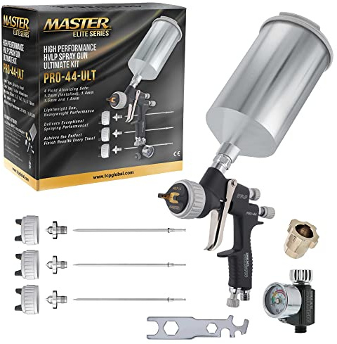 Master Elite High Performance PRO-44 Series HVLP Spray Gun Ultimate Kit with 4 Fluid Tip Sets 1.3, 1.4, 1.5 and 1.8mm and Air Pressure Regulator Gauge - Automotive Basecoats, Clearcoats, Primers