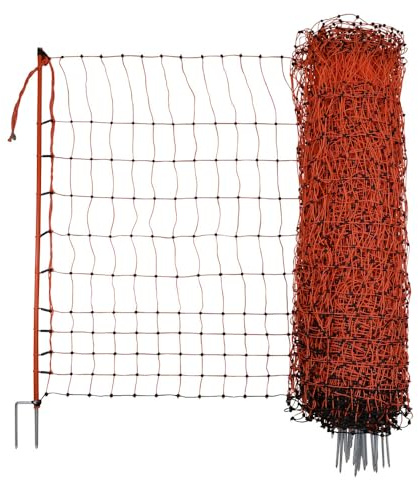 Kerbl Hobbyfarming PoultryNet, 106cm, 50m, Geflügelnetz, Weidezaunnetz, elektrifizierbar, Doppelspitze, orange, 15 Pfähle, Hühner, Gänse, Puten, 3 Jahre Garantie UV-Stabilität