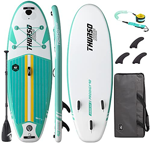 THURSO SURF Wunderkind Junior Kinder aufblasbares Stand Up Paddling Board SUP 228x76x10 cm ZWEISCHICHTIG Inclusive Paddel mit KARBON-Schaft/3 Flossen mit Schnellverschluss/Leine/Seesack (Emerald)