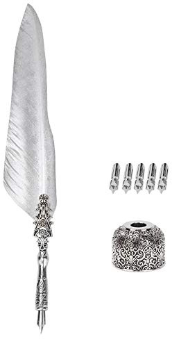 Hakeeta Quill Pen Set, Vintage Füllfederhalter, Quill Dip Pen, natürliche Federn, einzigartige Feder, für Festival vorhanden, Geburtstagsgeschenk, mit Schreibfeder + Halter(silber 2)