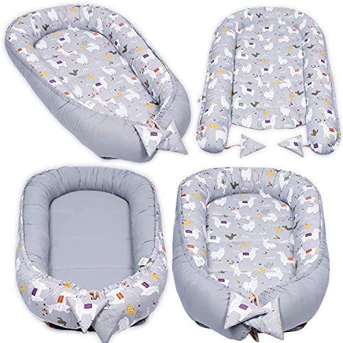 PaLulli 4-TLG Premium Velvet Baby Ausstattung-Set Kuschelnest Babynest 100x55cm herausnehmbarer Baby-Matratze, Kuscheldecke Flachkissen Babybett 100% Baumwolle Hypoallergisch (Lama in My Room)