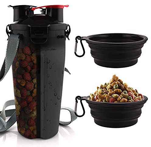 MATT SAGA Hund Trinkflasche und Futterflasche 2-in-1 mit 2 Faltbar Hunde Reisenapf Tragbare Hundewasserschüsseln zum Gehen, Wandern & Reisen (schwarz)