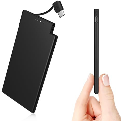 Power Bank Ultra Slim TNTOR da 5000 mAh con cavo USB C integrato, [6 mm di spessore], Guscio in Metallo, Mini Power Bank Portatile per Samsung Galaxy Sony Huawei Xiaomi - Nero