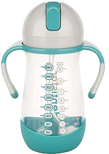 Dentistar Taza infantil hermética con pajita móvil, 260 ml – Biberón antigoteo para niños a partir de 6 meses – Vaso con asas antideslizantes y con cepillo de limpieza – Sin BPA