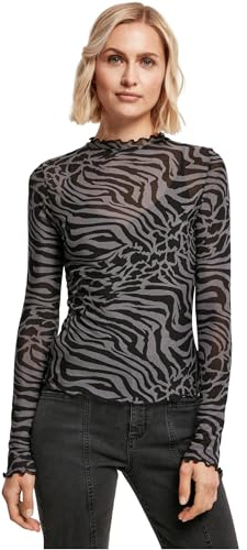 Urban Classics Damen T-Shirt Ladies AOP Mesh Turtleneck Longsleeve Asphalt/Black M