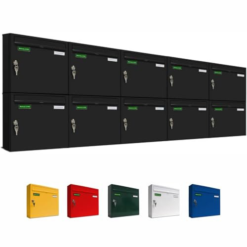 AL Briefkastensysteme Basic 10er Briefkasten RAL 9005 Tief Schwarz 10 Fach DIN A4 wetterfest Briefkastenanlage mit Posthaltebügel und 2 Namensschildern