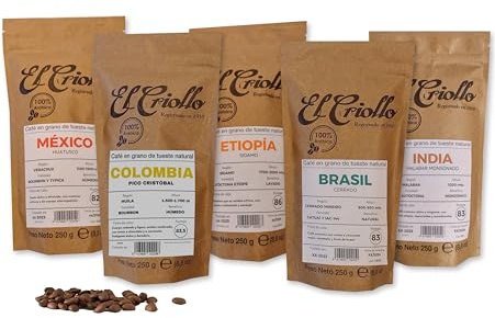 Cafés El Criollo | Pack Degustación de Café de Especialidad en GRANO | Etiopía, Colombia, México, Brasil e India | Café 100% Arábica y Tueste Natural | 5x250gr.