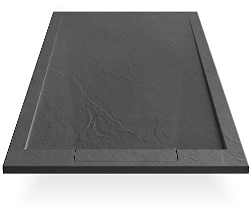 EGO INTERIORS Premium Design Duschwanne 120 x 90 cm Schieferoptik, Grau Matt, Flache Anthrazit Duschtasse aus Mineralguss, Rutschfeste Struktur, Rechteckiges Duschbecken, inkl. Siphon und Abdeckung