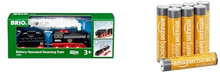 BRIO World 33884 Batterie-Dampflok mit Wassertank - Lokomotive mit echtem kühlen Dampf und Wasserbehälter - ab 3 Jahren & Amazon Basics AAA-Alkalibatterien, leistungsstark, 1,5 V, 8 Stück