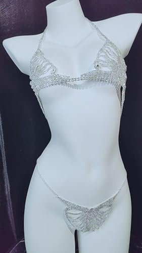 Chaîne sexy pour femme - Chaîne de poitrine - Strass - Franges - Culotte - Chaîne de soutien-gorge - Cristal - Lingerie bikini (argenté)