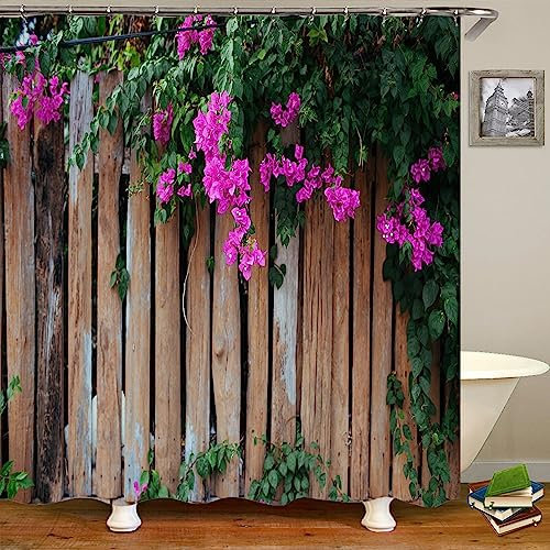 JIANGLANY Outside Garden Shower Curtain Purple Flowers and Leaves on Wooden Fence Garden Decor Waterproof Outdoor Curtain Nature Scenery Bathroom Accessory Set (3, 180x180cm)
