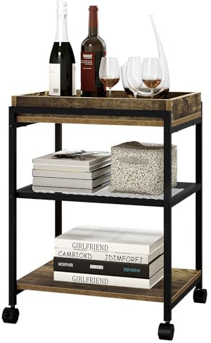 WOLTU Beistelltisch Couchtisch Sofatisch Nachttisch, mit Rollen, feststellbar, 3 Ablagen 1 abnehmbares Tablett, aus Metall und Holzwerkstoff, Vintage-Holzoptik + Schwarzer Metallrahmen, BTS09hov