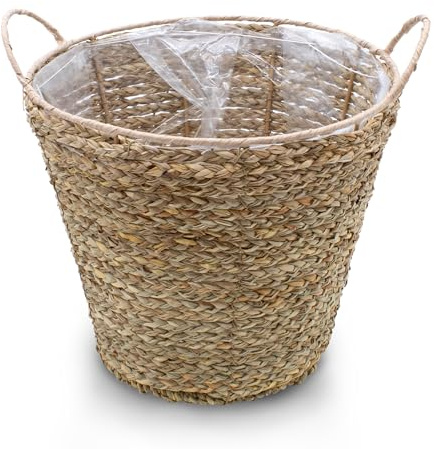 Sjögräs Växtkorg natur med handtag – 27 x 24 cm – blomkruka fodrad med folie – dekorativ blomkorg, blomkruka, rotting flätad korg för inomhusväxter