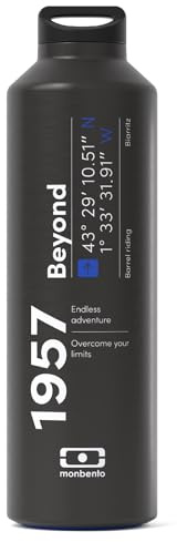 MONBENTO - Bouteille isotherme MB Steel Beyond - Gourde Isotherme Inox 500ml avec Infuseur Thé/Fruit - Garde Boissons Chaudes/Froides - Bouteille Inox Idéale Travail/Randonnée/Sport - Noir et Bleu