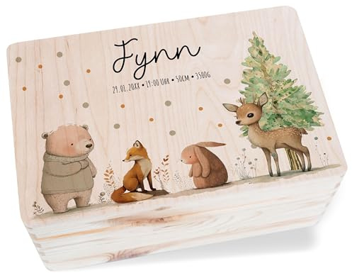 Holz Geschenkbox - Tiere - Baby Geschenk Erinnerungsbox Waldtiere | Holzkiste zur Geburt personalisiert mit Name Datum Größe Uhrzeit - 30 x 20 x 14 - Holz - originelle geschenke für babys