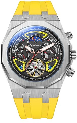 DAXIAOYU Orologio sportivo da uomo, con tourbillon, automatico, meccanico, quadrante multifunzione, con fasi lunari, visualizzazione della data e della settimana, cassa in acciaio inossidabile,