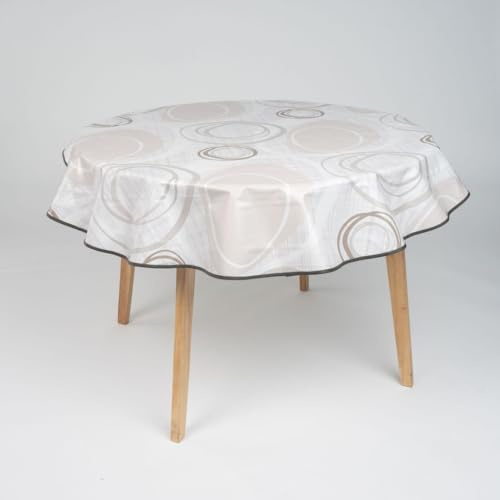 laro 140cm runde Wachstuch Tischdecke abwaschbar Wachstuchtischdecke mit Saum-Eingefasst-Paspelband, Muster:Kreiswogen Weiß Beige, Größe: Rund 140cm
