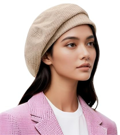 HIQIU Baskenmütze Damen Winter Warm Wolle Mischung Frauen Vintage Achteckigen Plaid Wintermütze Barett Cap Maler Beanie Cap