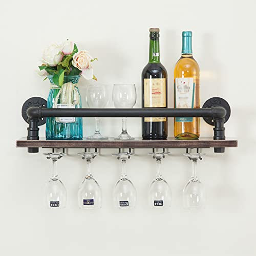 asdchZen Portabottiglie Industriale Montato A Parete con Porta Calici da Vino Portabottiglie in Vetro Rustico Vintage, Contiene 5 Bicchieri E 5 Bottiglie di Vino, 23,6