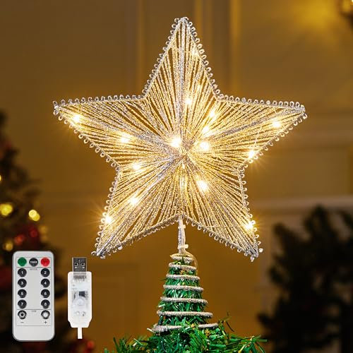 JOIEDOMI Étoile de sapin de Noël en métal argenté avec 20 LED blanc chaud, télécommande alimentée par USB pour décoration de cime de sapin de Noël, maison, vacances, fête en intérieur - 24,1 cm