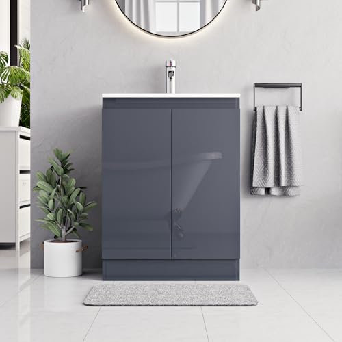 BELOFAY Vanity Unit With Basin | 600mm Floor Standing Bathroom Vanity Units With Basin | 1 Tap Hole Ceramic Bathroom Sink | Lacquered Finish | Waste Included (Denvor Grey)