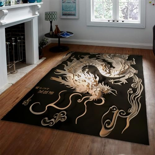 BYLEEHOMED Schwarz-Weißer Teppich 200x300cm Orientalischer Drache Eingangsteppich 3D Visual Art Waschbarer Bodenteppich für Innenküche Schlafzimmer Ästhetik Dekor