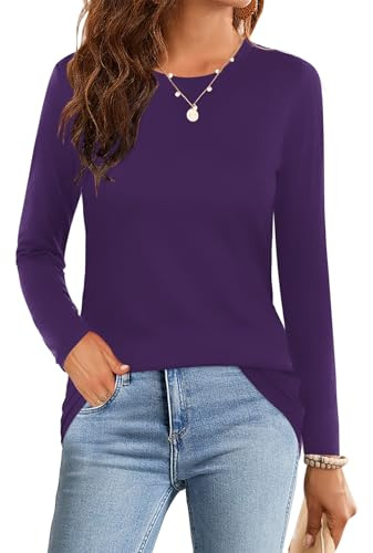 Elesomo Womens Tops Crew Neck Plain T Shirts Casual Fit | Short Sleeve, Long Sleeve, Cotton Blend,