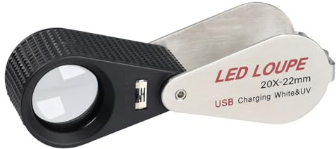 Beleuchtete Juwelierlupe 20x, Wiederaufladbare Juwelierlupe Faltbare Schmucklupe LED-Lupe Triplet mit 6 LEDs & UV-Licht für Edelsteine, Schmuck, Münzen, Briefmarken, etc
