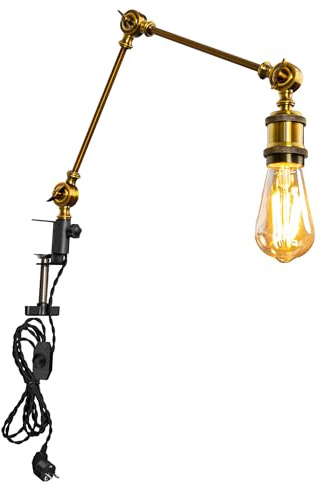 FSLiving Retro Klemmleuchte, Einstellbar Clip auf Schreibtisch Leselampe,Gold Clamp Nachttischlampe mit Flexarm, 1x E27 Fassung max. 60 Watt für Schreibtisch, Nachttisch, Regal - B2SJ