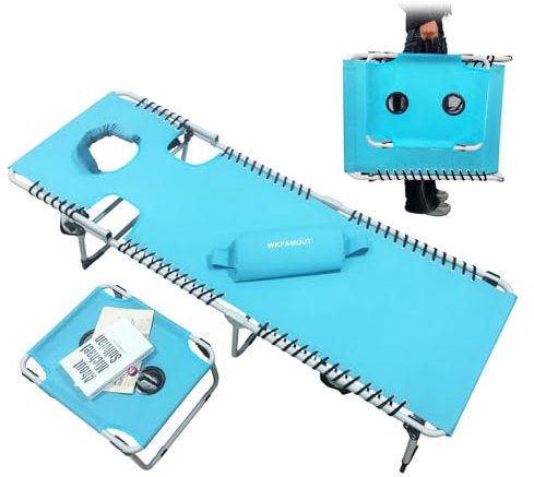 WKFAMOUT Solstol hopfällbar med hål för ansikte och armar 5-stegs justerbart ryggstöd, strandstol, campingstol, trädgårdsstol, avslappningsstol med fällbordskudde, 190 x 59 cm, blå