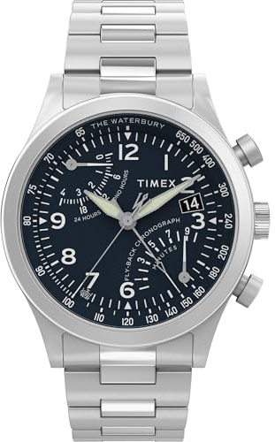 Timex Men's Waterbury Traditional Fly Back Chronograph 43mm Watch - Stainless Steel Bracelet Blue Dial Stainless Steel Case