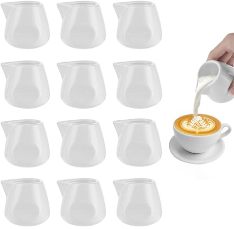 LDXDRU 12 Pack Small Milk Jug, 110ml Milk Jug, White | Porcelain Milk Creamer Pitcher, Mini Milk Pouring Jugs Milk Frothing Jug Sauce Pots for Coffee Milk Creamer