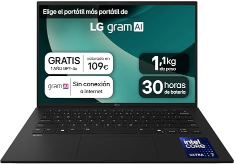 LG gram 14ZD90T-G.AX78B Ordenador Portátil 14 Pulgadas Intel Core Ultra7 255H, 16 GB RAM, 1TB SSD, Panel IPS Antirreflejo, WUXGA, 1.120 g, 30 Horas, FreeOS, Negro, Teclado QWERTY Español