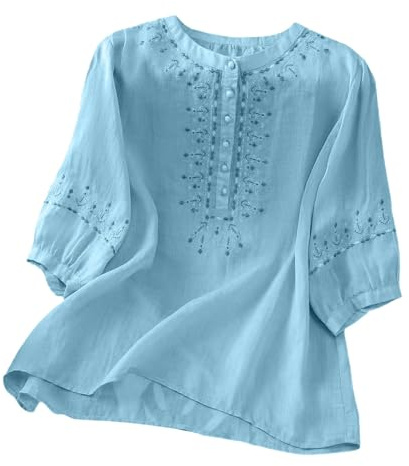 Linen Shirt Women Summer Embroidery Linen Tunic Tops Retro Jacquard Short Sleeve Boho Blouse Casual Loose Fit Flowy Hem Tee Shirt Lightweight Summer Beach Wear Blouse for Vacation Office