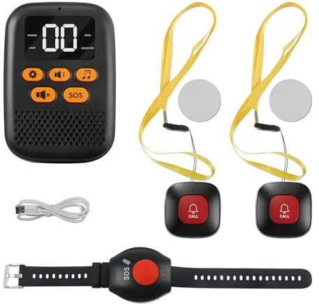 Wireless Personal Alarms for Elderly, Rechargeable Personal Alarms with Wrist Alarm, 2 Panic Button Call Bell, Portable Caregiver Pager for Home Disabled Patient Seniors