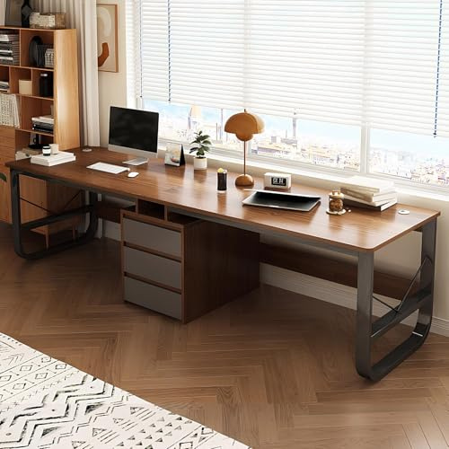 HJYXXSR Grande scrivania per due persone con cassetti, doppia postazione di lavoro per computer da gioco, tavolo da studio in legno, lunga per 2 persone, ufficio domestico (noce, 240 cm)