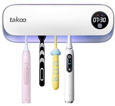 Takoo Zahnbürstenreiniger, 5 Schlitze, wandmontierter Zahnbürstenhalter für Badezimmer, intelligente Heißlufttrocknungstechnologie, wiederaufladbares Smart-Home-Gadget