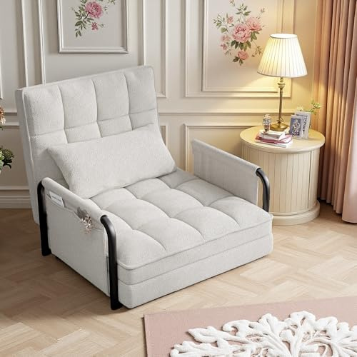 Sillón convertible de 1 plaza para adulto, sofá cama convertible, silla de ocio ajustable, silla de suelo con bolsillos laterales y reposabrazos para sala de estar, dormitorio (Beige)