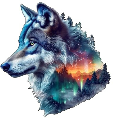 KaayeeWood Holzpuzzle Erwachsene,Aurora Wolf Holzpuzzle,Einzigartige Wooden Puzzle Mit Geschenkbox,Geschenke für Erwachsene 14+(140 Stück,29 * 28cm)