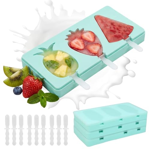 3 Stück Eis am Stiel Formen - Eisformen Silikon, Eis Selber Machen, Eisformen Kinder BPA Frei, Leicht Zu Lösen mit Stiel und Deckel, Wiederverwendbar Es Gibt Drei Serien: Früchte Tiere und Ovale(Blau)